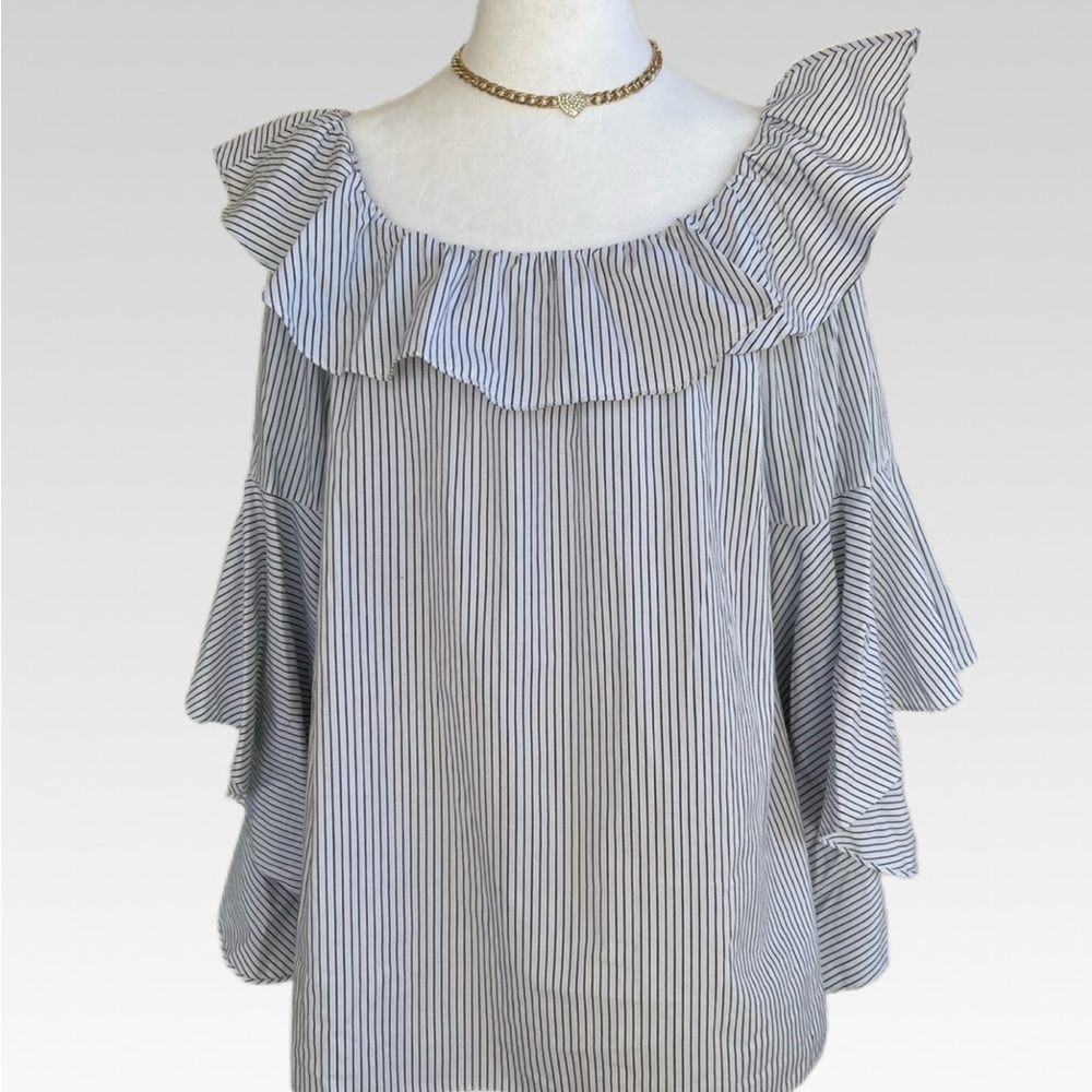 Christina V and White Striped Ruffle Blouse size L